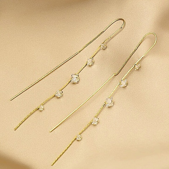 Gold Crystal Tassel Threader Earrings - Picture 3 of 4